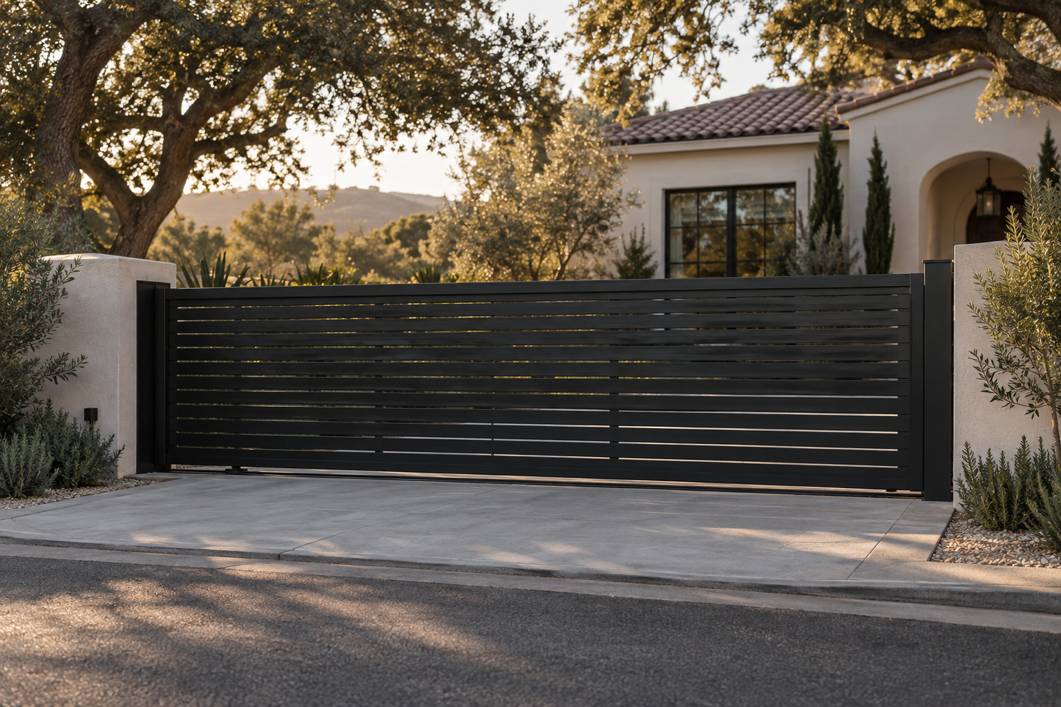Modern black horizontal-slat driveway gate beside a California home